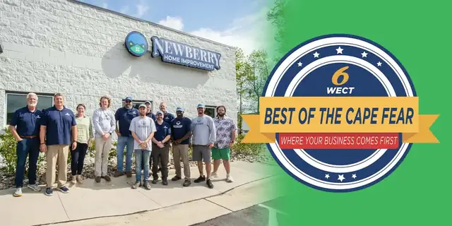 Newberry Home Improvement team outside the Wilmington, NC showroom with the WECT Best of the Cape Fear badge